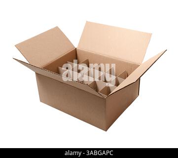 Cardboard box with partitions inside isolated on white background. Box for safe transportation of fragile items, glass bottles. Stock Photo