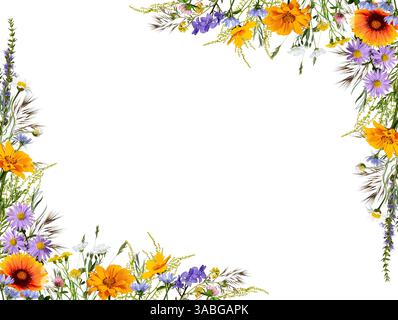 Bright frame of wildflowers isolated on white background. Design element for creating cards, frames, invitations, floral designs. Stock Photo