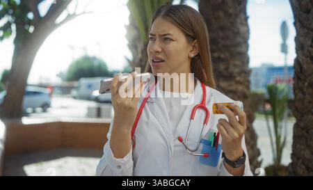 Woman talking on phone holding pills outdoors wearing medical coat in urban area with trees and cars visible medical professional communicating in cit Stock Photo