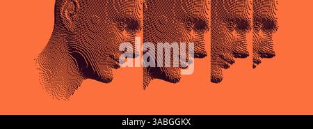 Reflection of man looking away in mirrors. Concept of psychological and mental health issues. Voxel art. 3D vector illustration of multiple cloned hum Stock Vector