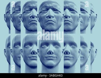 Reflection of man looking away in mirrors. Concept of psychological and mental health issues. Voxel art. 3D vector illustration of multiple cloned hum Stock Vector