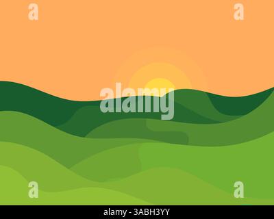 Sunset over green hills. Sun above the horizon of a wavy landscape with green hills and meadows in a minimalist style. Design for covers, wrappers, ba Stock Vector