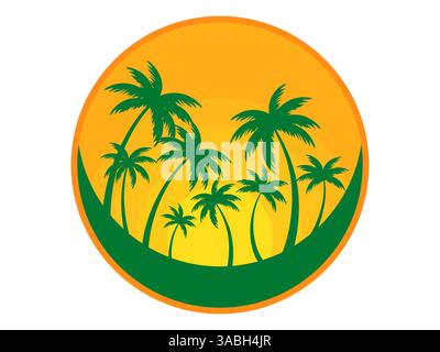 Round banner with a tropical landscape with palm trees against the sun. Green silhouettes of palm trees at sunset. Design for booklets, flyers, poster Stock Vector