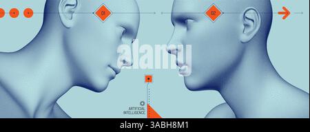 Two opponents facing each other. Conflict. People talk face to face. The concept of rivalry. Abstract digital human head made from dots. 3d vector ill Stock Vector