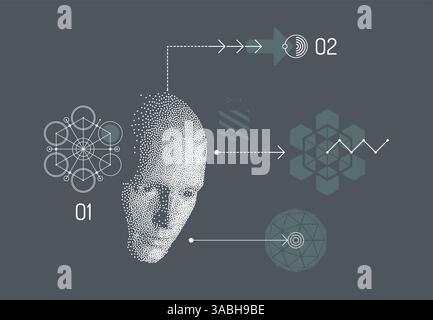 Discovery, studying and learning concept. Time to think. Man scientist thinking. Art composition in memphis style. Cover design template for layout of Stock Vector