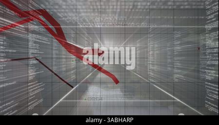 Red graphs moving over grid network against multiple screens with data processing Stock Photo