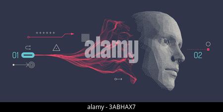 Discovery, studying and learning concept. Time to think. Man scientist thinking. Art composition in memphis style. Cover design template for layout of Stock Vector