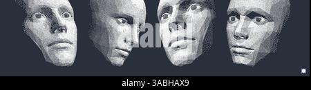 Four human faces constructing from particles. Network forming AI human face. Technology and robotics concept. Anonymous social masking. Cyber crime an Stock Vector