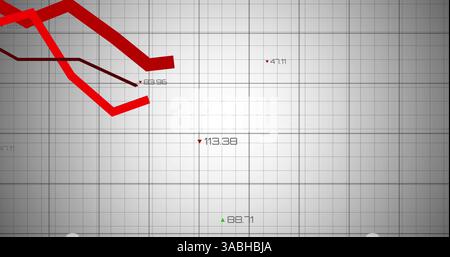 Image of red lines with statistics and financial data processing over grid Stock Photo