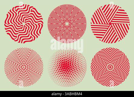Set of striped minimalist shapes with optical illusion effect. Emblems or geometric shapes for your design. Sphere. 3D illustration for brochure, card Stock Vector