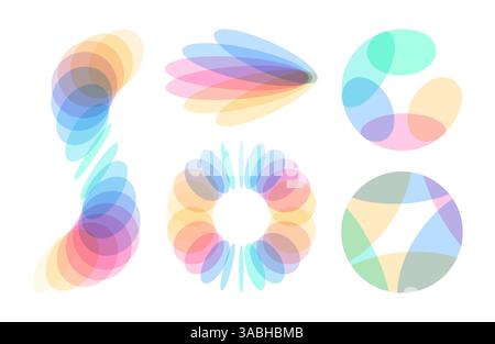 A set of different shapes with a slicing effect, they are translucent. Sphere. Abstract geometric design. Vector illustration of different overlapping Stock Vector