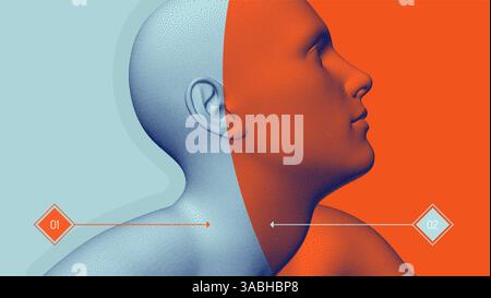 Cover design template. Side view of dotted face background. Geometric pattern. 3D vector illustration for brochure, poster, card, invitation, poster, Stock Vector