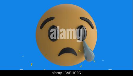 Digital image of golden confetti falling over crying face emoji against blue background Stock Photo