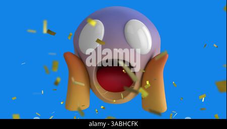 Digital image of golden confetti falling over surprised face emoji against blue background Stock Photo