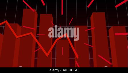 Image of red statistics with red rays pulsating over grid background Stock Photo