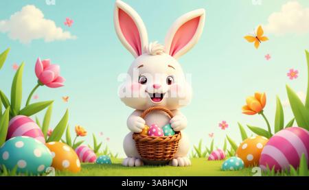 Cartoon Illustration Of Rabbit With Basket Of Eggs In Field Featuring Anthropomorphic Bunny Design Symbolizing Easter Joy And Spring Renewal In Whimsi Stock Photo
