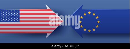 US and EU trade conflict concept with opposing arrows featuring American and European flags on blue gradient background Stock Vector