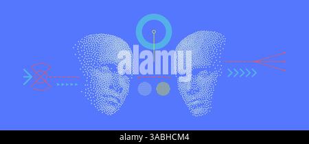 Abstract digital human head. Technology concept. Anonymous social masking. Dialogue, contact, conversational exchange between two individuals. 3d vect Stock Vector