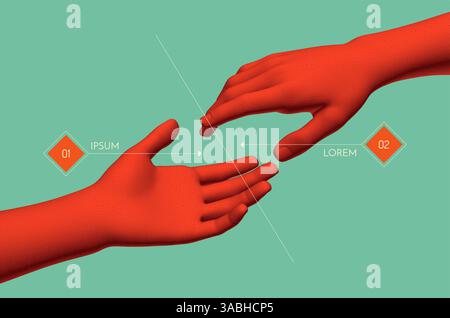Hands reaching towards each other. Concept of human relation, togetherness or  partnership. 3D vector illustration. Design for banner, flyer, poster, Stock Vector