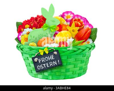 German Happy Easter and decorations with bunny and eggs isolated on white backround Stock Photo
