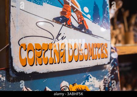 Vintage Poster Featuring Skier and Dolomites in Cortina d'Ampezzo Stock Photo