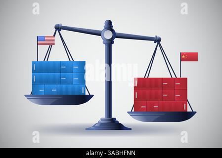 Scales with shipping containers trade balance concept. Blue and red containers represent economic trade between countries with flags Stock Vector