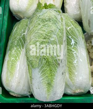 Napa cabbage or chinese cabbage in plastic wrap displayed on market Stock Photo