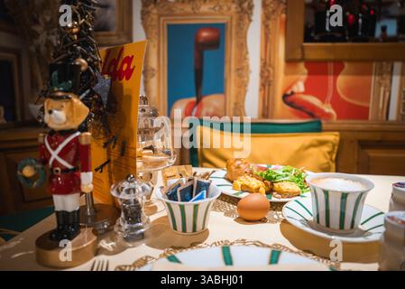 Festive Breakfast Table in Boutique Hotel, Cortina, Dolomites, Italy Stock Photo
