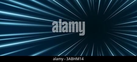 Futuristic motion streaks. Bright radial speed lines glow as they explode from center right, forming a hyperspace travel effect. Ideal for action, sci fi, energy bursts or racing themes. Stock Vector