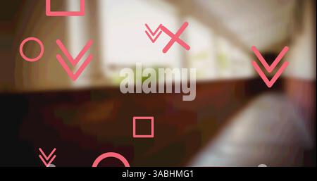 Image of pink line shapes falling over blurred room background Stock Photo