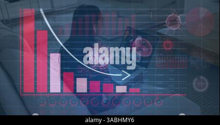 In school, woman using laptop with graph and virus cells in background Stock Photo