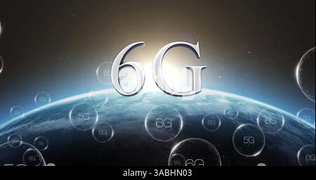 Image of network of connections with 6g text over globe Stock Photo