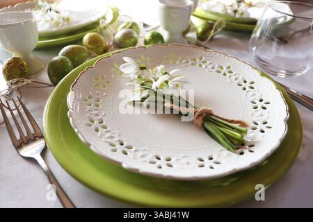 Stylish Easter table setting . Easter festive table decorations Stock Photo