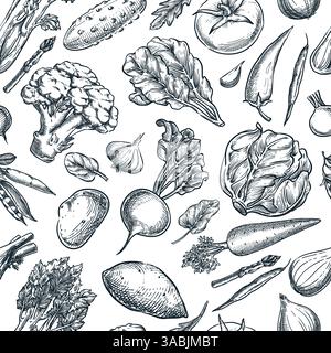 Farm fresh vegetables seamless pattern. Vector hand drawn sketch illustration of broccoli, carrot, tomato, cucumber, greens. Label package background. Stock Vector