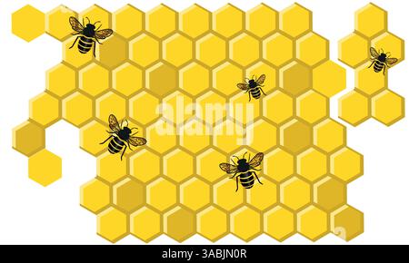 Bees on a honeycomb cells, insects on colorful hexagon shaped cells creating honey, delicious healthy sweet food concept Stock Vector