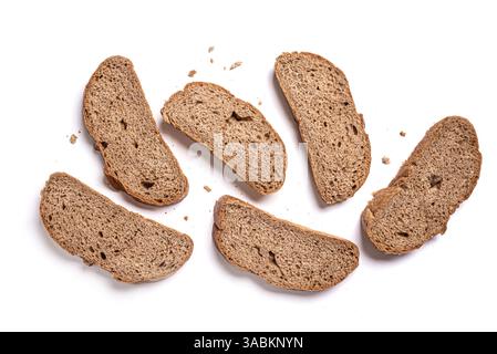 Slices of Sourdough Bread isolated on white background. Yeast rye or wheat artisan bread, design elements. Stock Photo