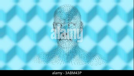 Image of human head formed with binary coding spinning over patterned blue background Stock Photo