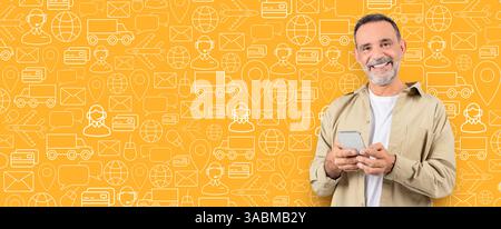A buyer engages with a shopping application on their smartphone while smiling Stock Photo