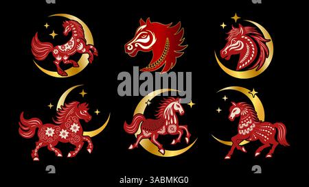 Chinese Horse Lunar New Year 2026 Moon Animal Set Celestial Magic Vector Collection Traditional Horses Zodiac Silhouette Asian Golden Style Stock Vector