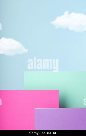 Mock up for your products with colorful stands on blue sky background. Showcase stands for online marketing. Minimal concept. Stock Photo