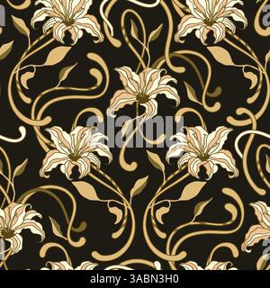Art Nouveau Vintage Pattern Lily Flower Motif Boho Baroque Ethnic Folk Background Stock Vector