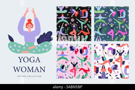 Vector Set With Women Yoga Pose Asana Practicing Seamless Pattern Set Meditation, And Stretching Background Stock Vector