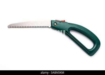 Folding garden saw portable hacksaw isolated on white background, gardening tool Stock Photo