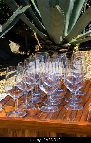 Empty wine glasses on a wooden table ready for an outdoor party Stock Photo