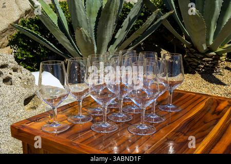 Empty wine glasses on a wooden table ready for an outdoor party Stock Photo