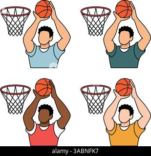 A set of four illustrations depicting basketball players shooting hoops. Each player is in a different pose, with varying skin tones and shirt colors, Stock Vector