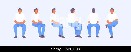 Sitting man from different sides of the review. Front, side, rear view, isometric view. Rotation and animation. Vector illustration Stock Vector