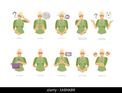 Elderly woman character with symptoms of Alzheimer disease. Vector illustration Stock Vector