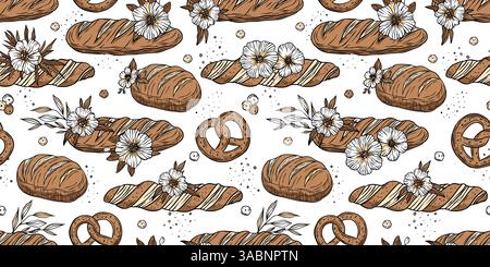 Bakery Bread Pattern Sketch Vintage Flower Loaf Pretzel Background Doodle Patisserie Vector Wallpaper Stock Vector