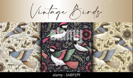 Vintage Pattern Set Folk Bird Seamless Background Boho Motif Enchanted Ethnic Elegant Art Stock Vector